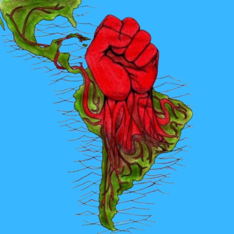 Ilustración de América Latina con un puño arriba resistiendo al imperialismo